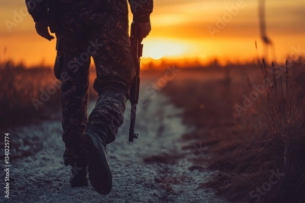 Obraz Silhouette of a soldier walking along a path at sunset.