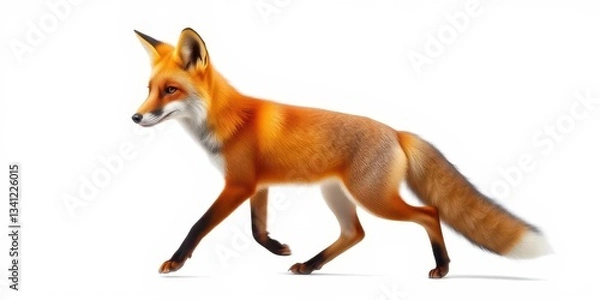 Fototapeta A determined red fox mid-stride, bushy tail aloft, ears pointed, on pure white background, striking, intense