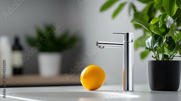 Obraz Modern Chrome Faucet with Lemon and Plants on White Kitchen Sink