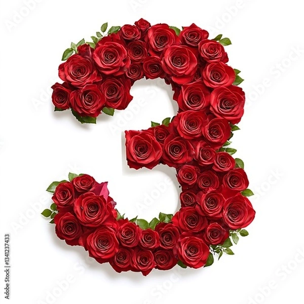 Fototapeta Elegant Red Rose Number Three Floral Digit Design for Valentine's Day