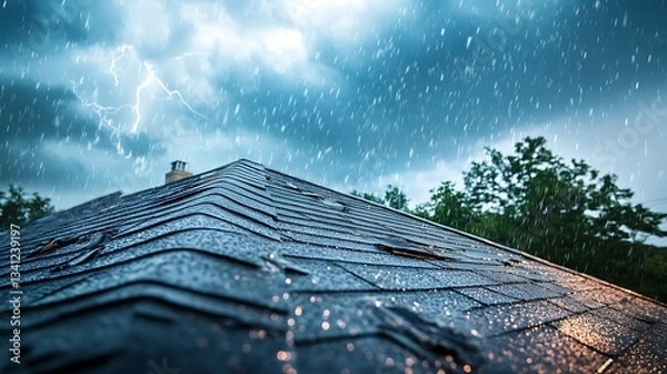 Fototapeta Damaged roof during a severe thunderstorm with lightning and heavy rain.