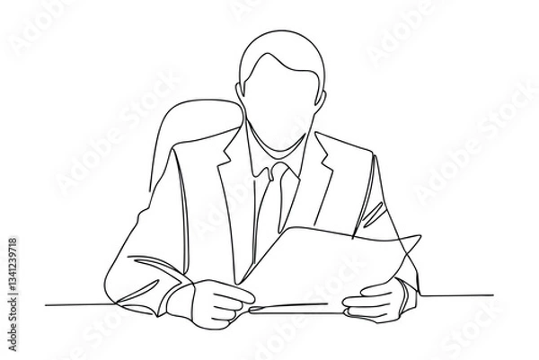 Fototapeta Businessman reviewing documents at desk, single line art drawing