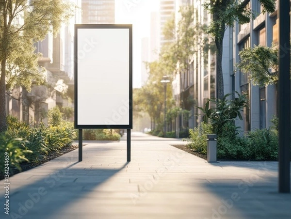 Fototapeta A large white sign is on the sidewalk. The sign is empty. The sidewalk is next to a street