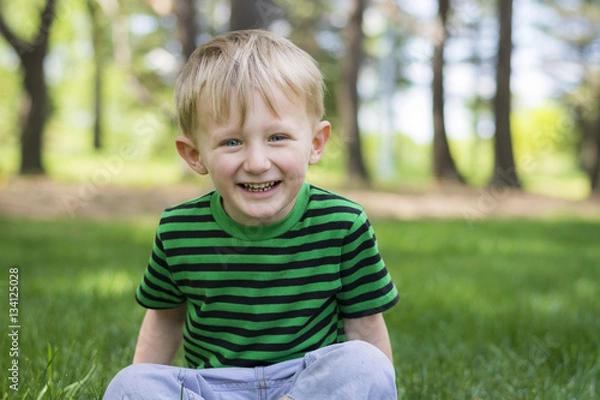 Obraz Happy young boy sitting in the grass at the park
