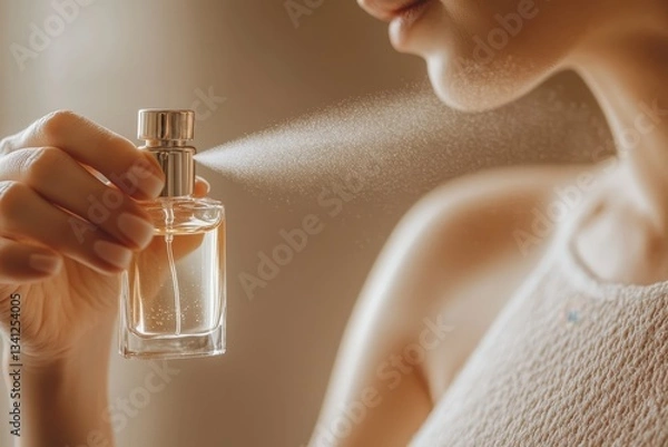 Fototapeta Close-up of woman applying perfume with elegance and grace.