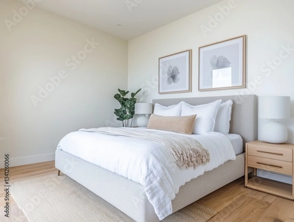 Fototapeta A white bed with a brown blanket and pillows. A lamp is on the nightstand. A plant is on the nightstand