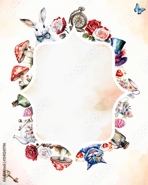 Fototapeta Wonderland poster, banner, greeting card.  Watercolor white rabbit, cat,  hat, key, clock, tea cup, rose, mushrooms  and other. Frame and place for text. Vector illustration