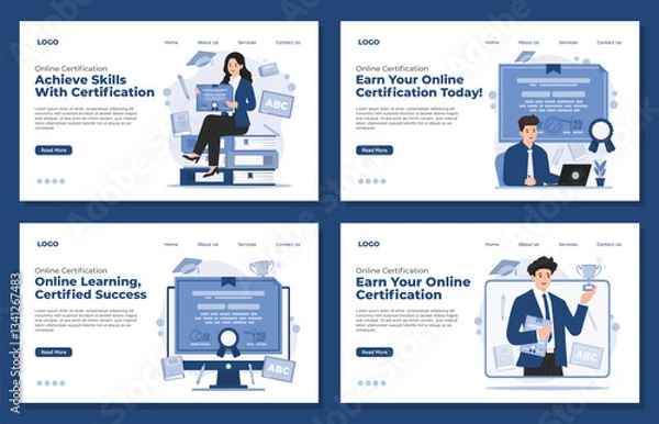 Fototapeta set of Landing page template Illustration of an online course certification concept, featuring digital learning, achievement, and skill development