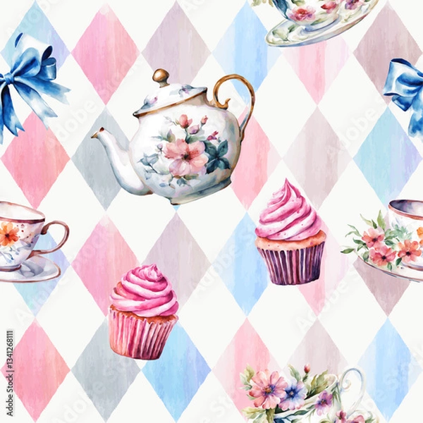 Fototapeta Wonderland seamless pattern of tea party. Watercolor tea cup, teapot, flowers, cakes on pink watercolor checkered background. Vector illustration. Texture for fabric, wrapping, wallpaper, print