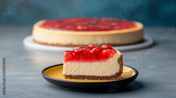 Obraz A photorealistic image of a cold cheesecake slice presented on a small, premium dark ecru or yellow dessert plate, positioned perfectly at eye level with a slight profile angle.