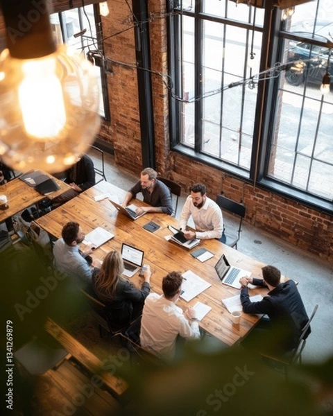 Fototapeta Collaborative business meeting urban workspace group discussion bright environment overhead view team communication