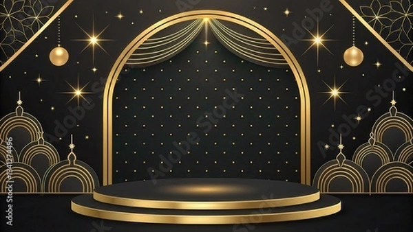 Fototapeta Elegant stage backdrop with gold accents and decorative patterns.