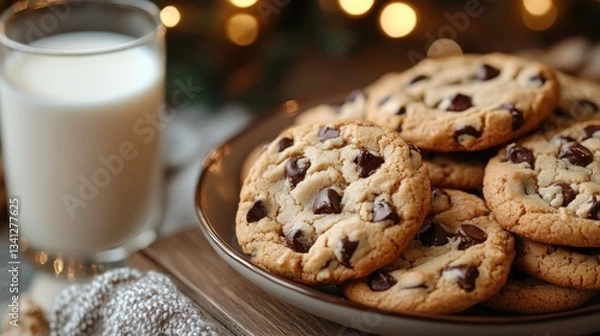 Fototapeta Stack of chocolate chip cookies with milk