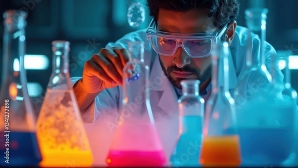 Obraz Scientist wearing safety goggles surrounded by a high-tech lab environment with a vibrant chemical reaction with colorful vapors rising from beakers, bubbles forming in flasks 