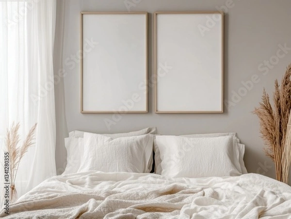 Obraz A bed with two white pillows and a white blanket is neatly made. The pillows are placed on the bed, one on the left side and the other on the right side. The blanket is spread out over the entire bed