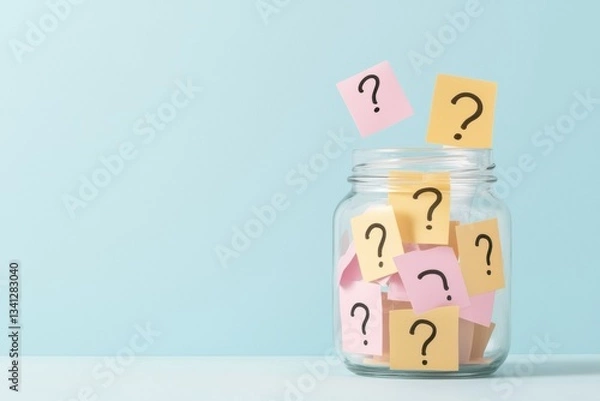 Obraz Creative question mark notes in glass jar against pastel background