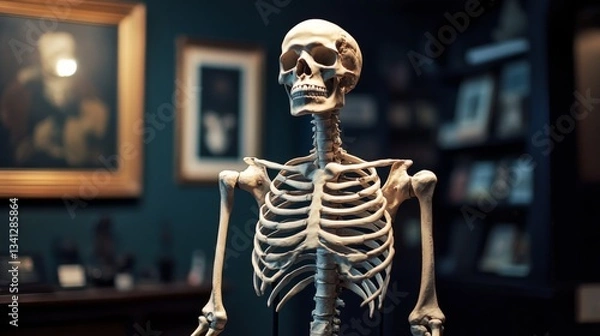 Obraz A human skeleton model on a pedestal in a dark room, illuminated by soft light to emphasize its structure.