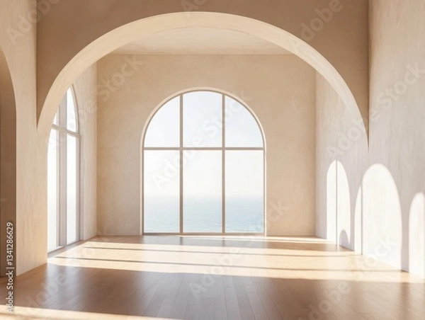Fototapeta A large room with a window overlooking the ocean. The room is empty and has a lot of natural light