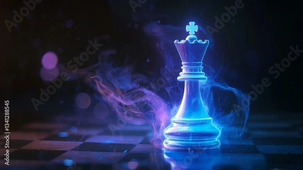 Fototapeta Glowing chess queen piece on a board. Strategy, power, and victory.