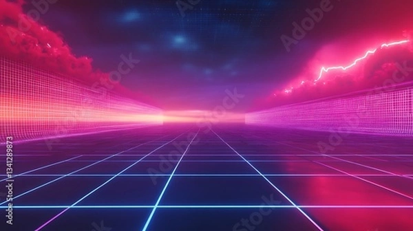 Fototapeta A vibrant, futuristic landscape with neon colors and a grid pattern, evoking retro aesthetics.