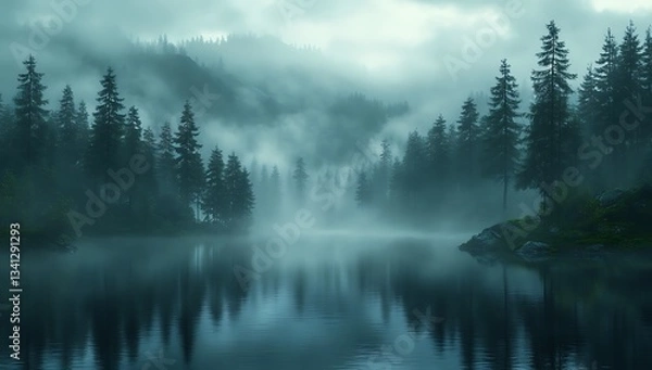 Obraz Enchanting Misty Lake in a Serene Coniferous Forest Breathtaking Nature Scene