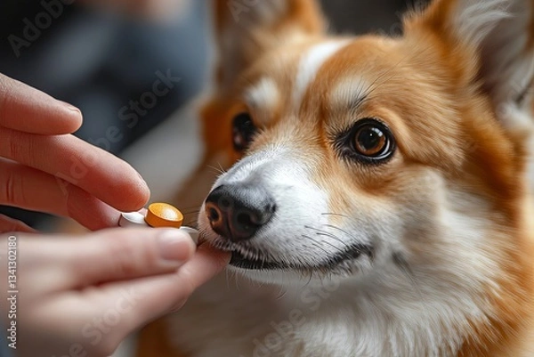 Fototapeta a close-up shot of a corgi dog being given medicine by a person's hand. The dog is looking at the pill 