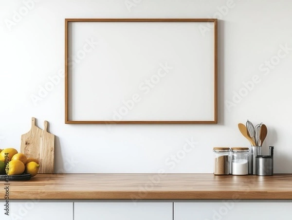 Fototapeta A white framed picture hangs on a wooden counter. The counter is also holding a few jars and a bowl