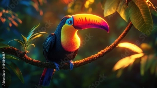 Fototapeta Vibrant toucan perched elegantly on branch in lush tropical rainforest
