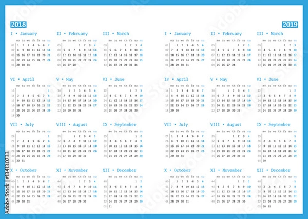 Fototapeta Calendar for 2018 and 2019 year on white background. Vector design print template. Week starts Monday. Stationery design