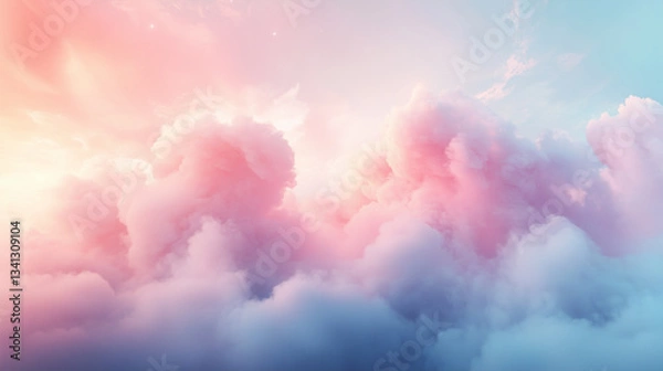 Fototapeta A heavenly ethereal and celestial background with soft pastel clouds and glowing light