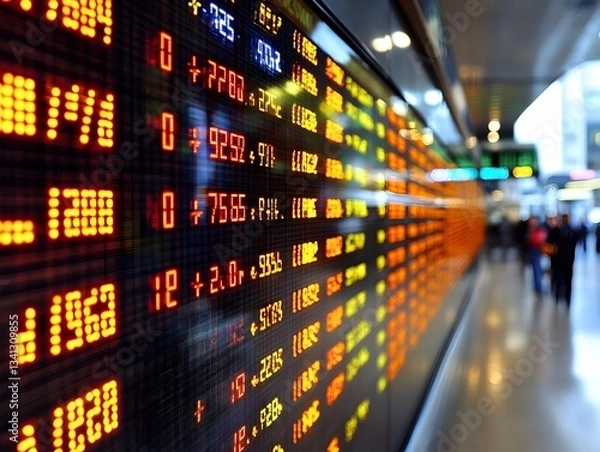 Fototapeta A large digital stock ticker displays fluctuating financial data in a bustling exchange hall showcasing market trends and investment opportunities.