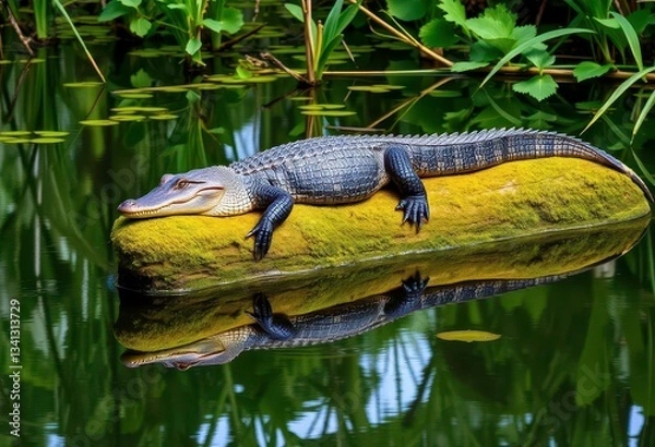 Fototapeta Alligator basks on mossy log in still swamp water, lush green vegetation, scales,  mud
