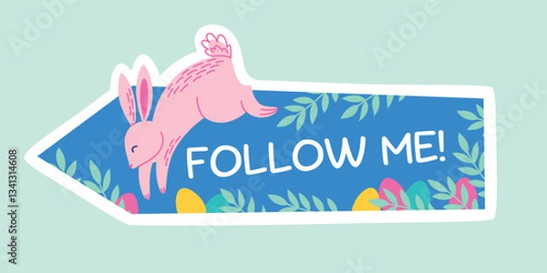 Fototapeta Egg search direction indicator with a cute jumping rabbit for Easter Egg Hunt. Vector illustration template for Easter holiday celebration