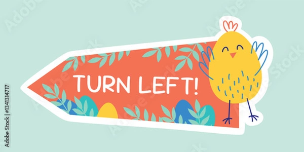 Fototapeta Egg search direction indicator with happy chick for Easter Egg Hunt. Vector illustration template for Easter holiday celebration