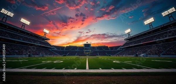 Obraz American football at sunset, stadium lights illuminating the field, field, lights