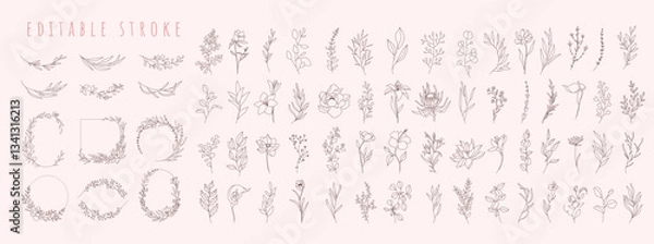 Obraz Set of different flowers, brunch and frames from flat editable stroke. Luxury line floral collection for wedding invitation art, design template. Botanical vector