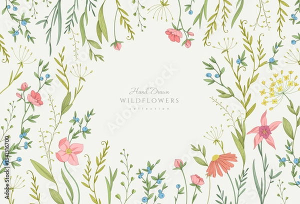 Fototapeta Retro colorful floral art with detailed various flowers and foliage, intricate details and delicate forms. Elegant botanical background or invitation card. Hand drawn vector illustration