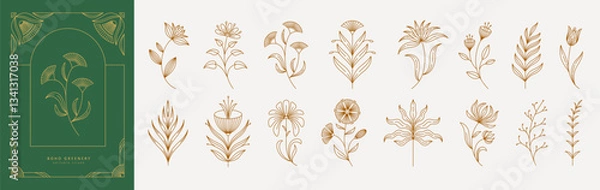 Fototapeta Set of boho simple geometric branch and flowers. Botanic design elements in wavy and vintage style. Leaves and branches print for logo, social media or packaging and greeting card. Vector illustration