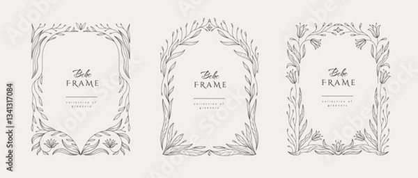 Obraz Retro floral frame or cover. Botanic design elements in wavy and naive style. Boho leaves branches and blooming print for poster, social media and packaging or greeting card. Vector illustration