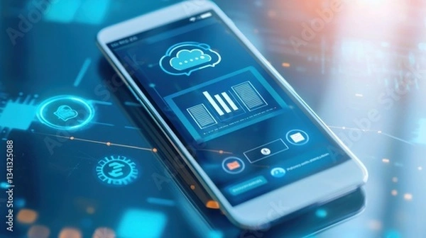 Fototapeta Modern Smartphone with Cloud Technology and Data Analytics Interface