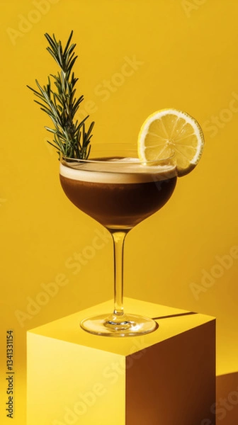 Fototapeta A brown soda with cream streaks in a minimalist matte black glass, set on a yellow pedestal. A lemon slice and rosemary sprig garnish the drink, with soft shadows and a vibrant yellow background.