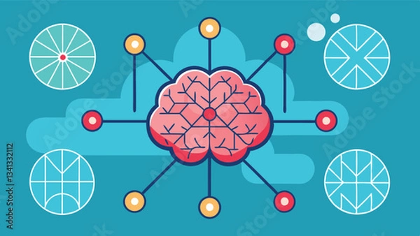 Obraz Creative vector illustration depicting a brain in the center connected to various geometric shapes against a vibrant background