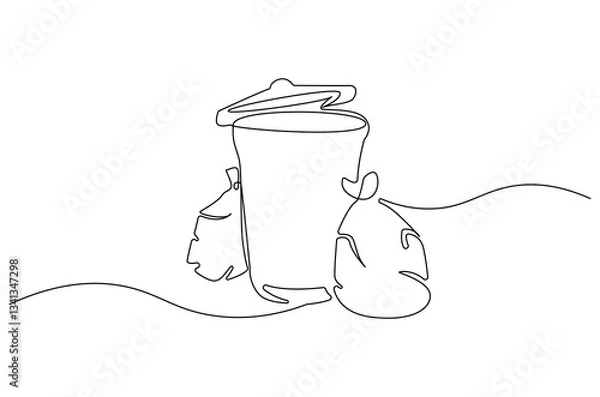 Fototapeta Continuous one line drawing of dust bin and plastic trash bag. Single line drawing illustration garbage container and plastic trash. Waste management concept vector art. Line vector illustration.
