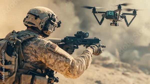 Fototapeta Futuristic warfare depiction soldier utilizing drone technology in combat environment