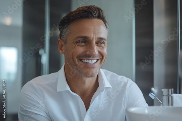 Obraz a middle-aged man in a white shirt is smiling in the mirror with happiness