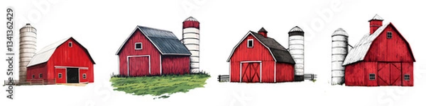 Fototapeta A picturesque scene of classic red barns and silos nestled in a lush pastoral countryside setting