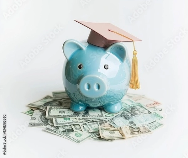 Fototapeta A graduation hat adorns a piggy bank filled with money, positioned on a white background, representing tuition fees