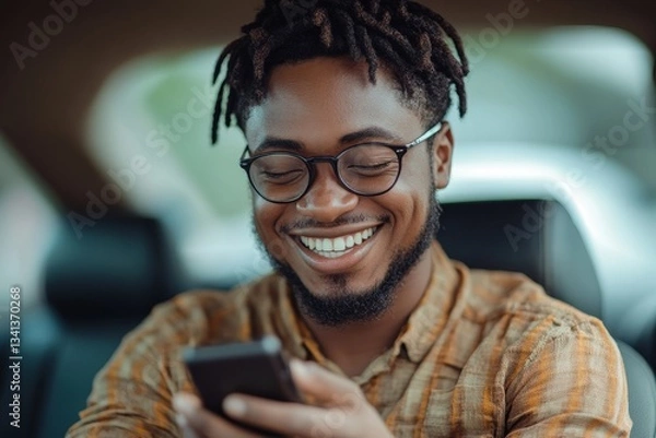 Obraz a smiling man in a car is looking at his phone 
