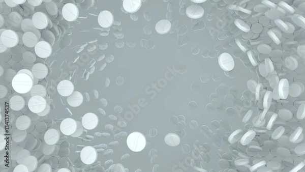 Fototapeta 3d rendering of white medical pills dispersing and floating in mid-air around a large broken hole, symbolizing pharmaceutical instability