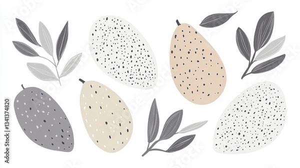 Fototapeta Elegant Abstract Fruit and Leaf Illustrations in Beige and Gray Tones